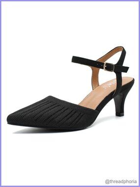 Knit Pointed Toe Slingback Kitten Heel Pump Ankle Strap Dress Shoe